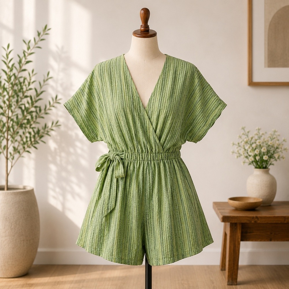 NWT Cupshe Romper Womens M Green Chevron Stripe V-Neck Tie Waist Short Sleeve
